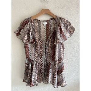 Anthropologie Odille Top Size 0 Marching Annuals Silk Brown Peplum Coquette ASO